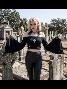 Black Off-Shoulder Gothic Crop Top with Bell Sleeves